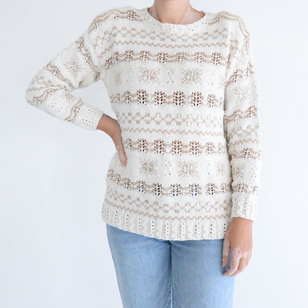 Vintage Liz Sport Cream w Tan Snowflakes Knit Beaded Crewneck Sweater M